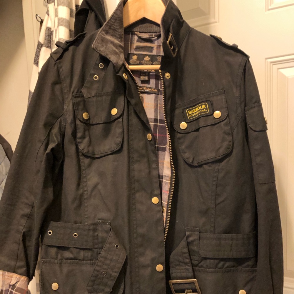 Barbour Jacket with plaid flannel lining.